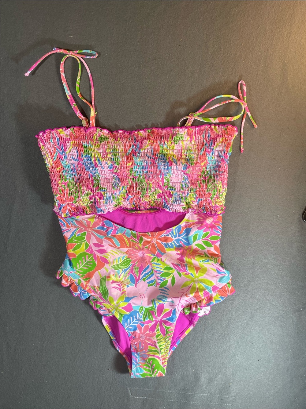 Women’s' Pink Tropical Floral Smocked One-Piece Swimsuit